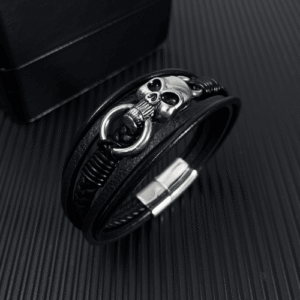 Men's Layered Leather Stainless Steel Skull Bracelet