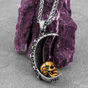 Gothic Crescent Moon Gold Skull Stainless Steel Pendant