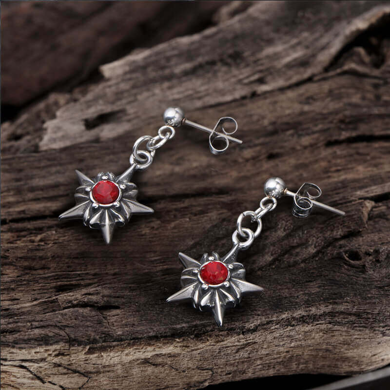 Pentagram Red Gemstone Stainless Steel Stud Earrings