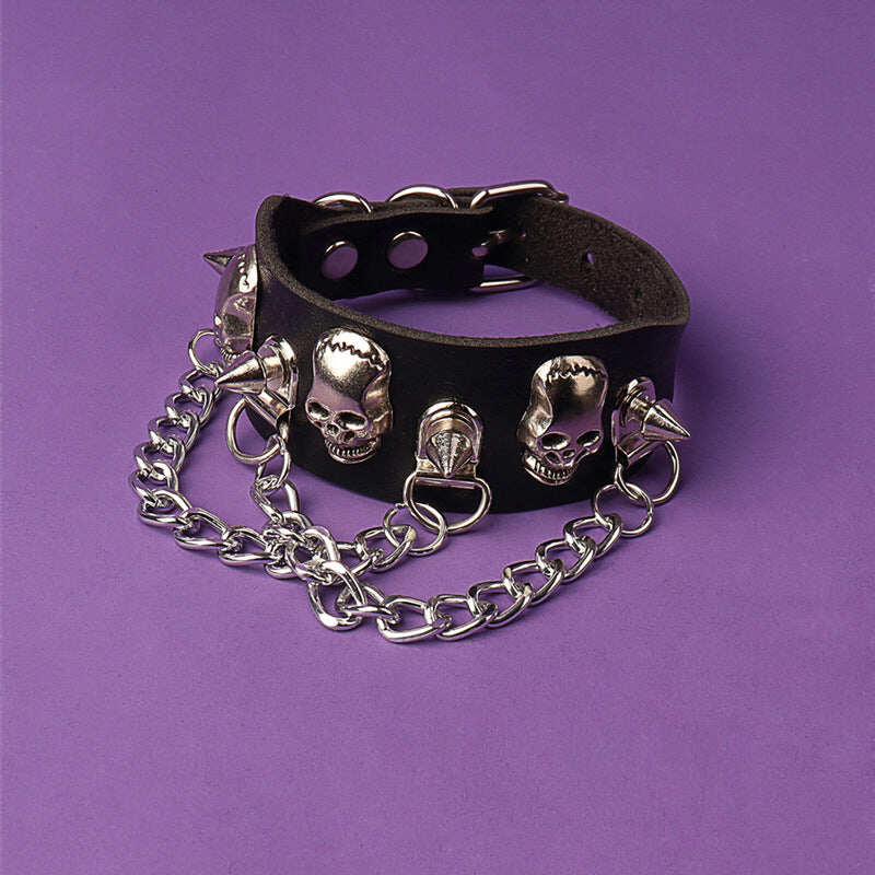 Skull Bracelet with Mini Chains (Leather)