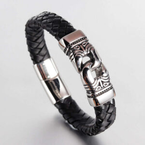 Tribal Knot Black Leather & Steel Bracelet