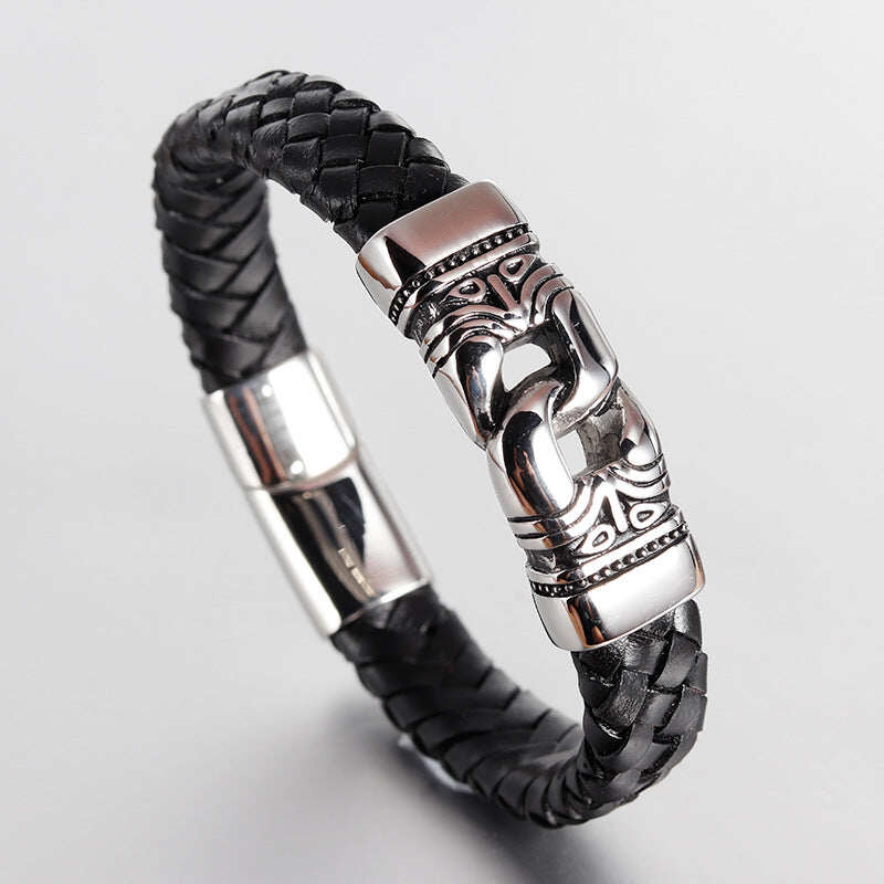 Tribal Knot Black Leather & Steel Bracelet
