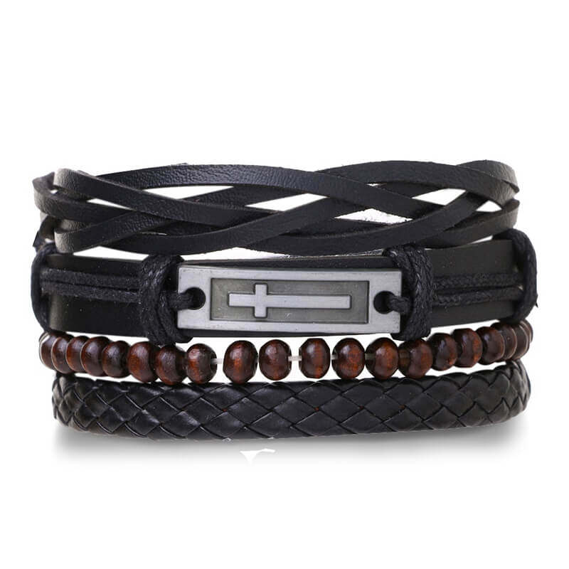 Skull Bracelet with Cross (Leather)