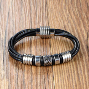 Multi Strand Leather With Steel Beads Bracelet - 90039