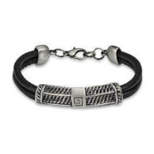 Black Leather Two Strand Bracelet With Scaled Steel Centrepiece