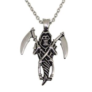 Steel Double Scythe Ghostly Grim Reaper Pendant