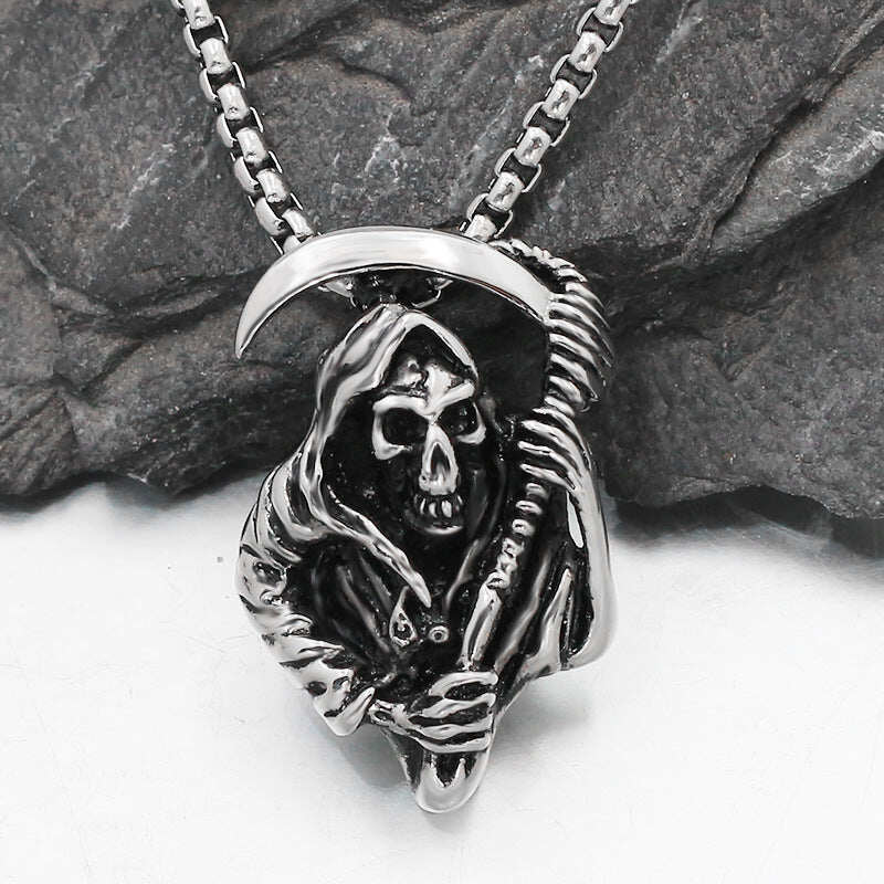 Grim Reaper Pendant - Blue or Black Eyes - Stainless Steel